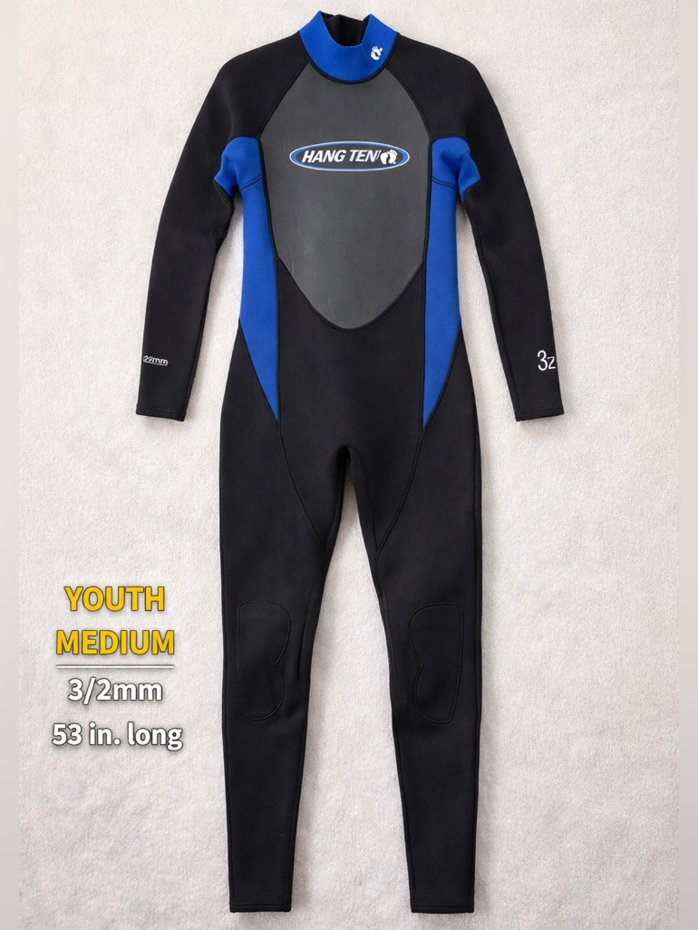 Hang Ten Youth Medium Wetsuit 3/2mm Full Black Blue Neoprene Surf Swim Suit 53”